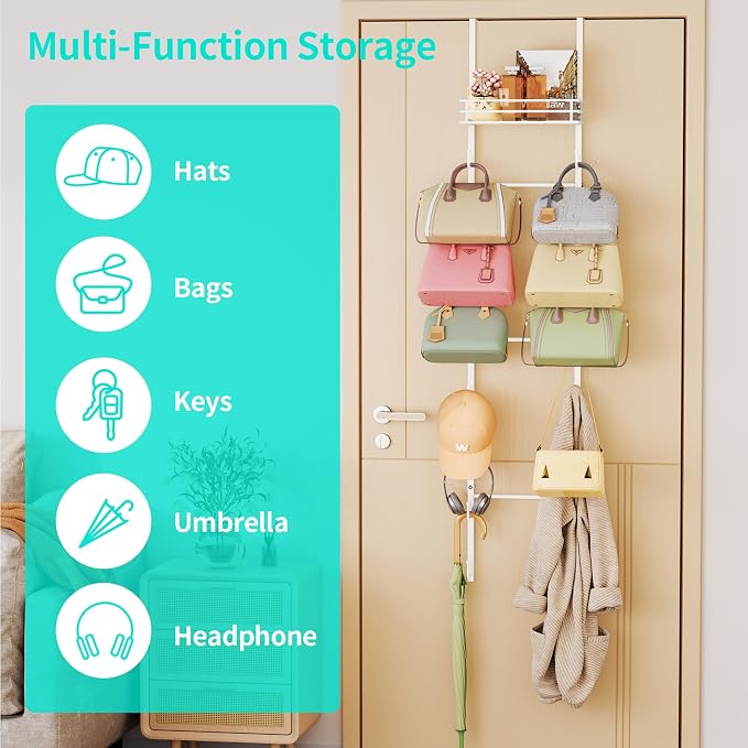HapiRm Over the Door Purse Organizer - Wall Mounted Purse Rack with 16 Hooks and Metal Basket, Hanging Handbag Organizer Holds up to 16 Bags, Bag Rack Can Use As 1/2 Part, for Door, Closet (White) - Image 4