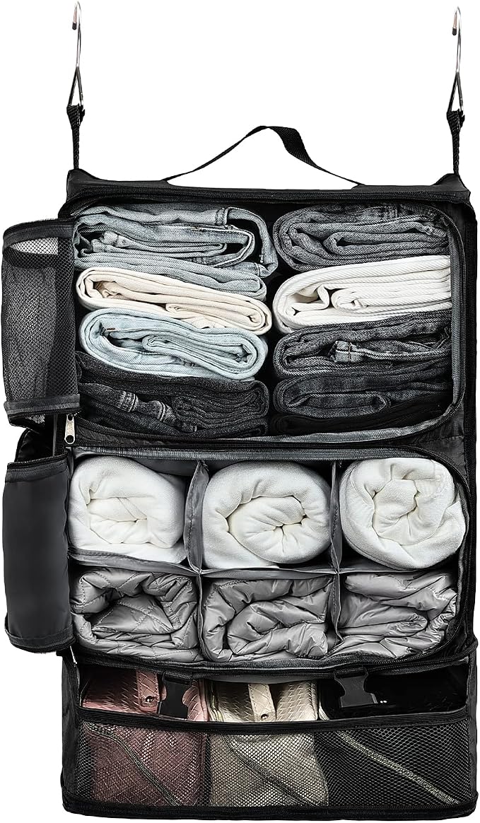 Surblue Hanging Shelves Travel Storage Bag Compression Packing Cube for Suitcase Portable Closet Organizer Collapsible with Extension Layer Large Capacity,Black,XXL by SURBLUE