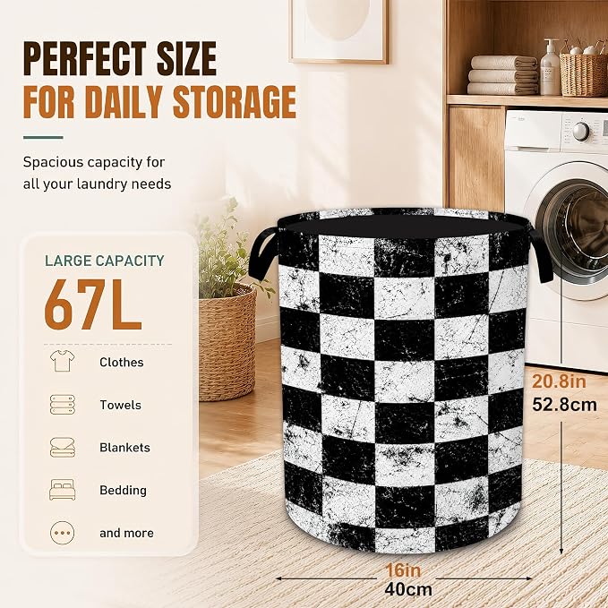Black White Checkered Foldable Laundry Basket with Handles,Vintage Oxford Clothes Hamper, Portable Laundry Room Decor Storage Basket for Bedroom Bathroom Dorm,20.8x16 Inch - Image 2