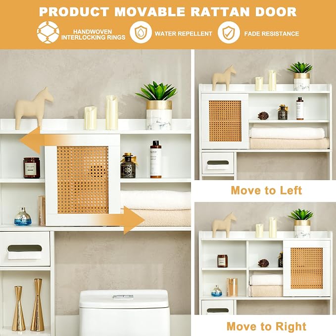 6Tier Over The Toilet Storage Cabinet, Freestanding Above Toilet Space Saver Rack w/Adjustable Shelves, Sliding Door, Multifunctional Over Toilet Organizer for Bathroom (White) - Image 4