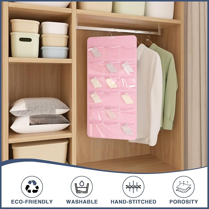 26-Pocket Hanging Closet Organizer for Socks and Underwear, Pink - Image 2