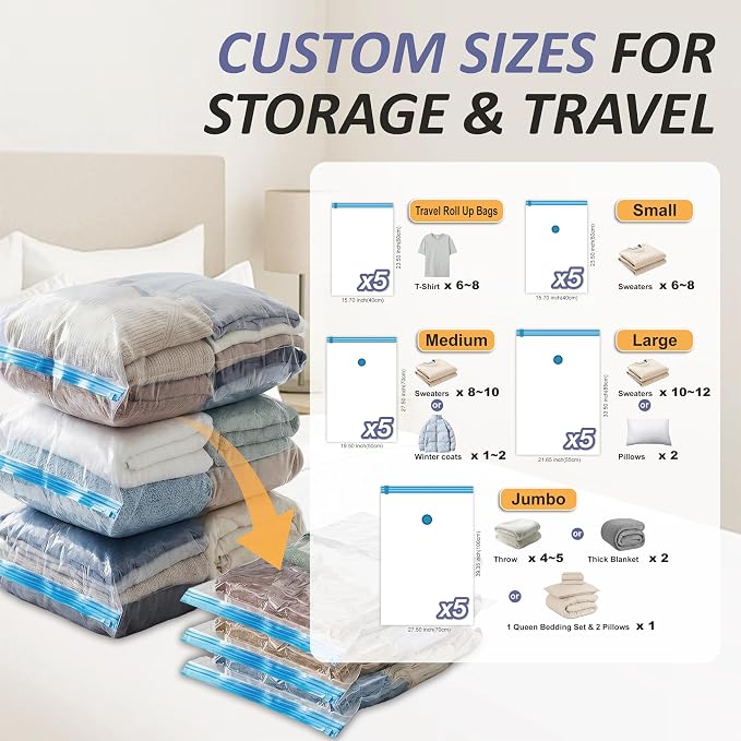 Vacuum Storage Bags with Hand Pump, Vacuum Seal Space Saver Bags,25 Combo | 80% Space-Saving Bags for Clothing, Blankets, Pillows, Bedding & Comforters; Multi-Size Variety Pack for Home & Travel - Image 3