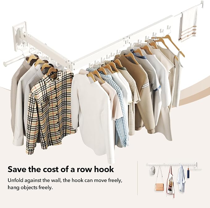 HEILAIYI Wall Mounted Clothes Hanger,Clothes Drying Rack,Laundry Drying Rack,Clothes Rack Wall Mount,Drying Rack Clothing,Retractable,Collapsible,can Fold Upward & Left & Right (Upgrade-White) - Image 6