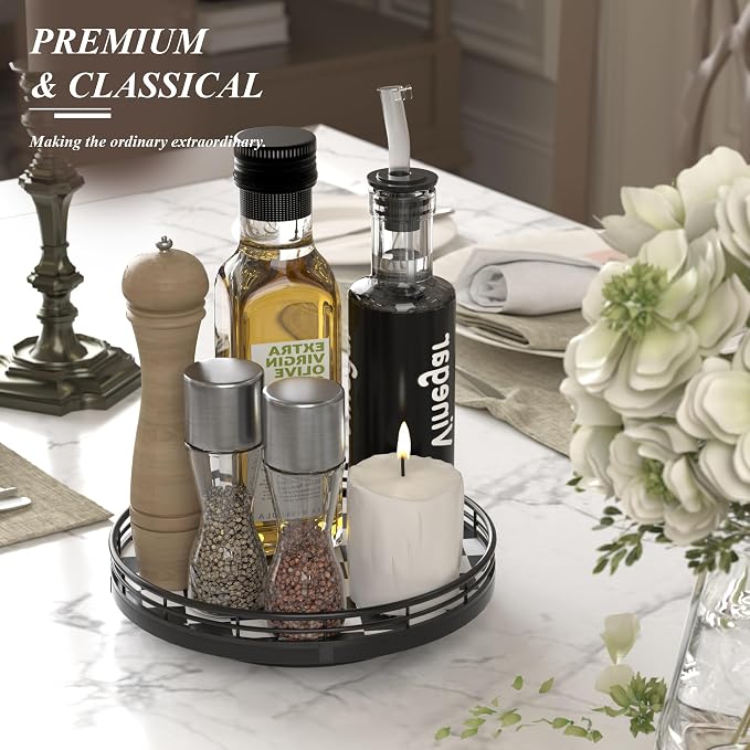 AMH 9-Inch Black and White Checkerboard Lazy Susan with Oak Base - Image 4