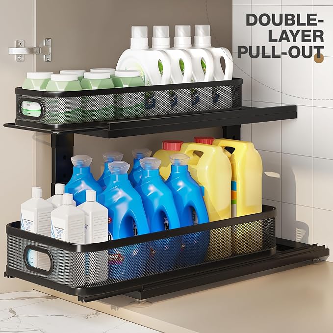 2 Pack 21IN-Depth Under Sink Organizer With Next-Gen Ball-Bearing Slides,2-Tier Precision Mesh Pull Out Cabinet Storage for Bathroom&Kitchen,Height Adjustable Drawers Shelf,Anti-rust-Black - Image 4