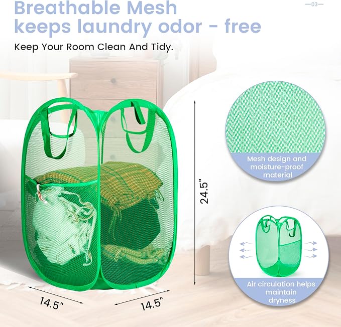HOUSE AGAIN 2 Pack Strong Mesh Pop Up Laundry Hamper, 70L Collapsible Laundry Basket with Steel Frame, Double‑Stitched Handles & Side Pocket, Foldable Dirty Clothes Hamper for Dorm, Bedroom, Green - Image 7