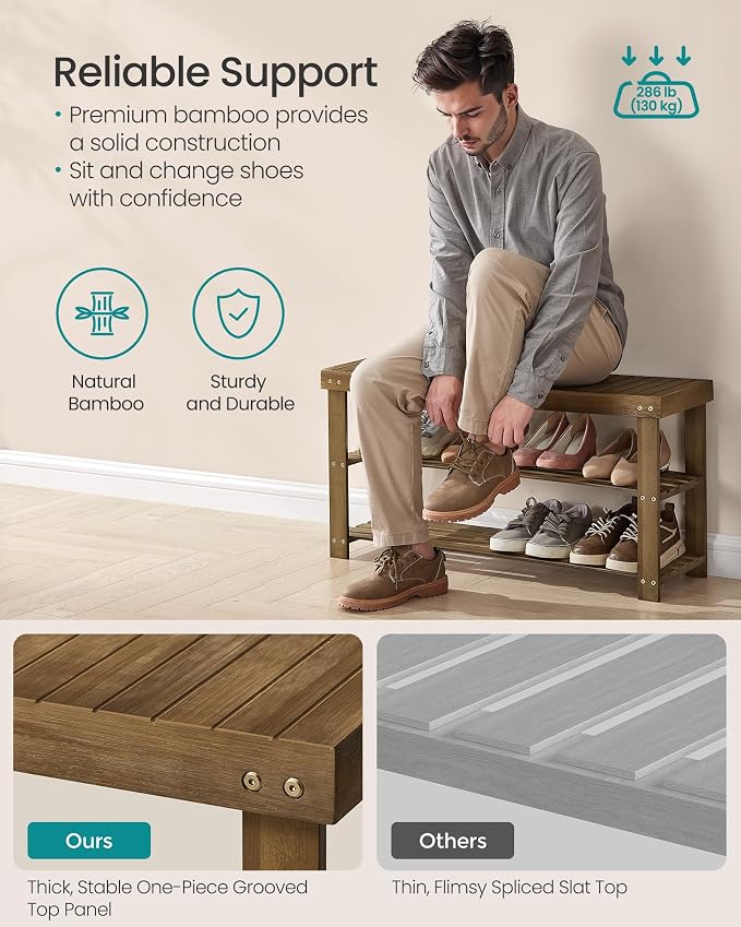 SONGMICS Shoe Rack Bench, 3-Tier Bamboo Entryway Bench, 35.4 Inches Width | Shoe Storage Organizer, Holds Up to 286.6 lb, Yellow Brown, BAMBOU Collection ULBS090K01 - Image 5