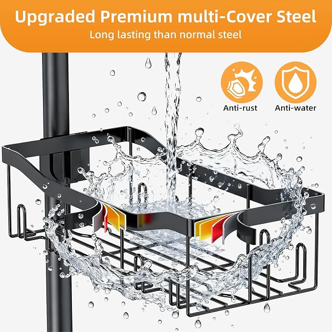 Shower Caddy Corner, 6 Tier Tension Pole Rod Bathroom Organizer Shelves, Adjustable Bathtub Shampoo Stand Rack with Towel Rack 2 Holders for Inside Shower Storage, 47-122 Inch, Black - Image 4