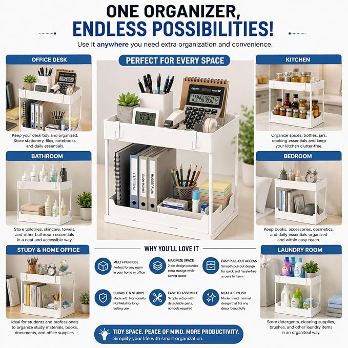 Under Sink Organizer, 2 Tier Pull-Out Storage Organizer with Sliding Drawer & Hooks, Multi-Purpose Cabinet Organizer for Kitchen, Bathroom, Pantry, Laundry Room & Office, White - Image 8