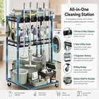 Cleaning Supplies Organizer Cart with Wheels, Broom and Mop Holder with 5 Grippers, 6 Hooks, 3 Shelves, Rolling Broom Closet Storage Rack for Laundry Room, Kitchen, Bathroom, Garage, Poolside - Image 2