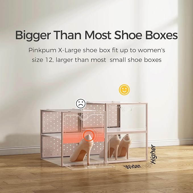 Pinkpum 15 Pack X-Large Shoe Storage Boxes, Shoe Organizer Clear Stackable | Fit US Size 11, 6.2” Height, Shoe Dispaly Case Holder Bins Sneaker Storage for Sneakerheads, For Home and Family, Pink - Image 3