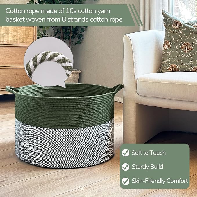 INDRESSME XXXLarge Woven Rope Blanket Basket Living Room Green, 90L - Image 2
