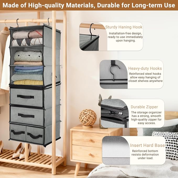 2-in-1 Durable 6-Tier Hanging Closet Organizer with 4 Removable Drawers,2 Separable 3-Tier Thickened Fabric Hanging Shelf Clothes Storage Organization Space-saving for Bedroom,Dorm,Guestroom,RV,Travel - Image 5