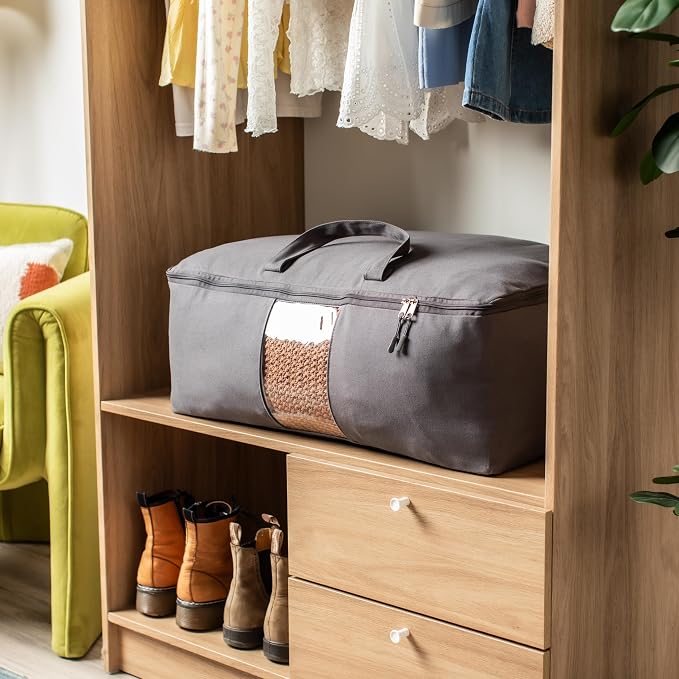 Soft Canvas Storage Bags with Zipper. Thick Breathable, 1pc King/Queen Comforter Organizer. Four Carrying Handles and Window. Large 25x19x9in Bag for Sheets Blankets Bedding Pillows, Clothes (Grey) - Image 6