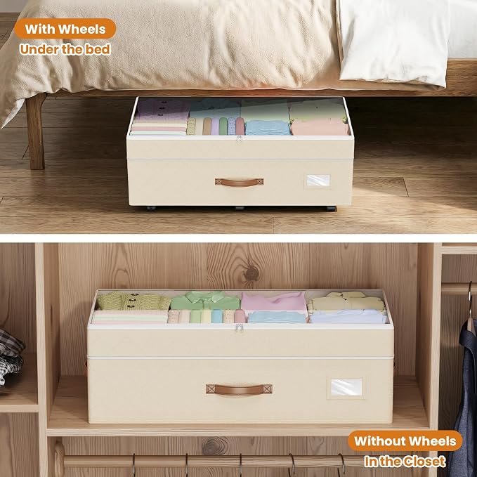 Budding Joy 80L 2 Pack Adjustable Under Bed Storage with Wheels, Beige | Underbed containers with clear lids, rolling underbed shoe storage organizer for dorm clothes, blankets, easy to install - Image 5