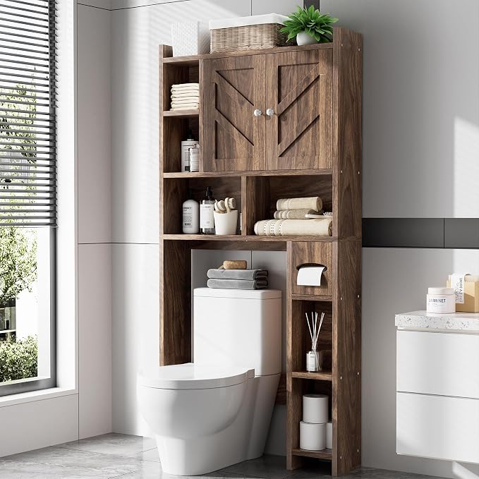 Over the Toilet Storage Cabinet, Freestanding Storage Cabinet Over Toilet, Bathroom Storages Organizer Cabinets with Toilet Paper Holder Stand and Adjustable Shelf, Walnut by Meilocar