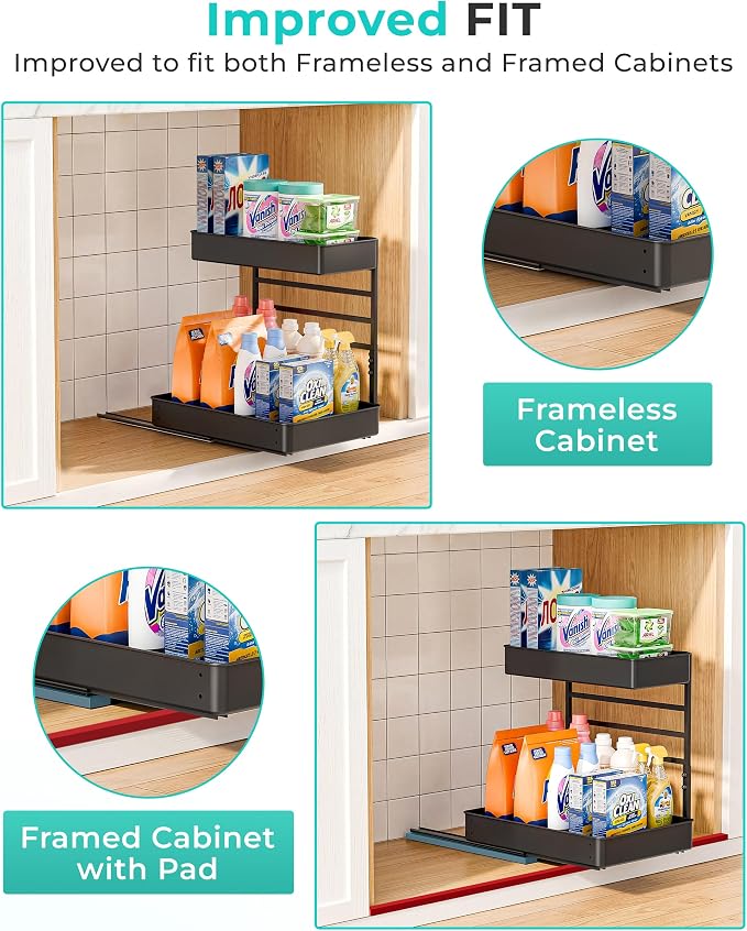 EVERIE Height Adjustable 2 Tier Metal Pull Out Slide Shelf Organizer for Under Sink Cabinets in Kitchen, Bathroom, with Snap-on Top Tray, 16" Deep (Black, 2 Sets) - Image 9