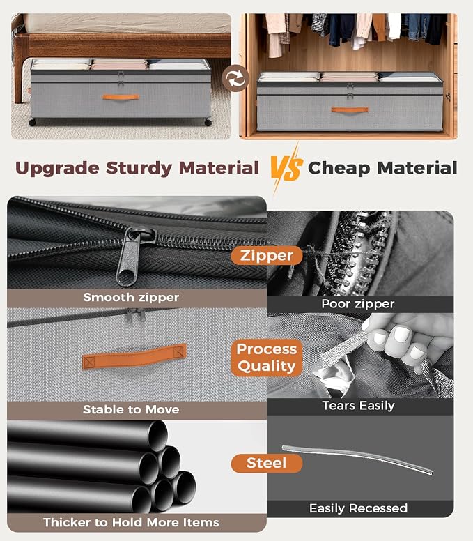 Under Bed Storage with Wheels, 35.5 inches Underbed Storage Large Capacity Under Bed Rolling Containers, 2 Pack Under the Bed Storage for Clothes, Shoes, Blankets (Deep Gray) - Image 6
