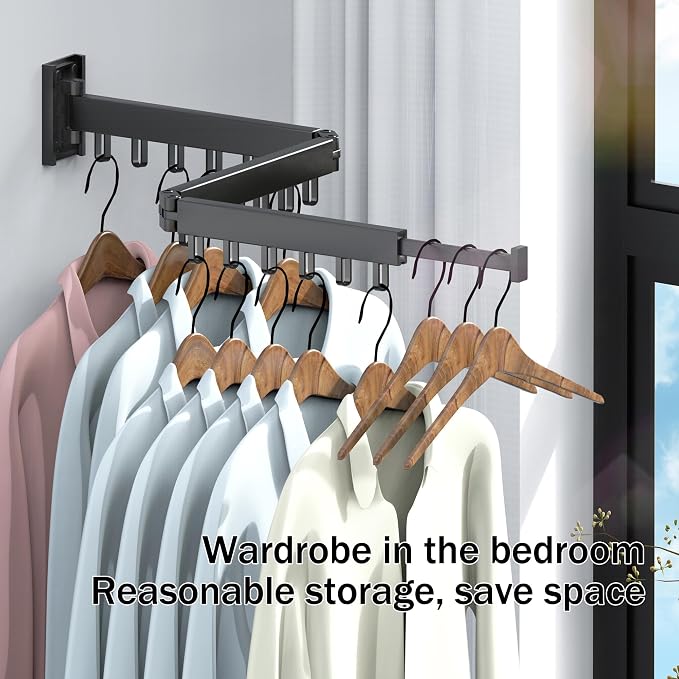 HEILAIYI Clothes Drying Rack,Laundry Drying Rack,Wall Mounted Clothes Rack,Laundry Rack Wall Mount,Folding Retractable Collapsible Drying Rack Clothing (Three-Poles,Loop Shape Hooks) - Image 7