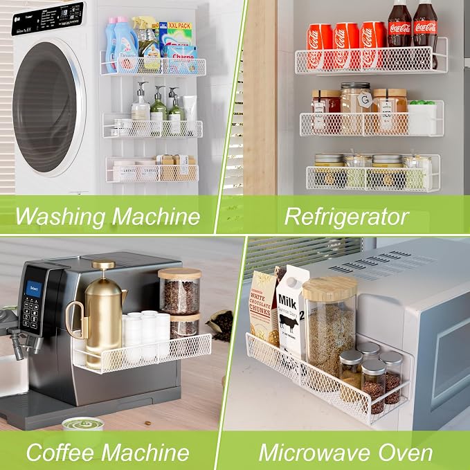 4 Pack Magnetic Shelves for Washing Machine, Heavy-Duty Magnetic Laundry Organizer with Hooks, Washing Machine Shelf for Refrigerator, Metal Storage Baskets, Closet & Laundry Room Organization(White) - Image 7