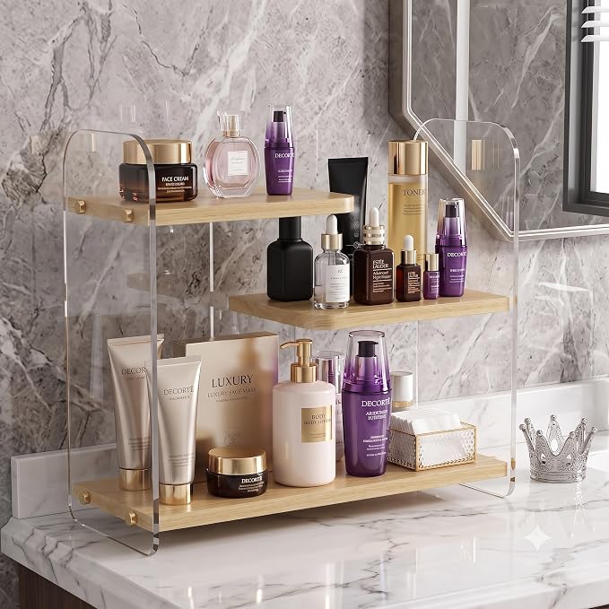 3-Tier Acrylic & Wood Bathroom Vanity Countertop Organizer Shelf by Gihkasd