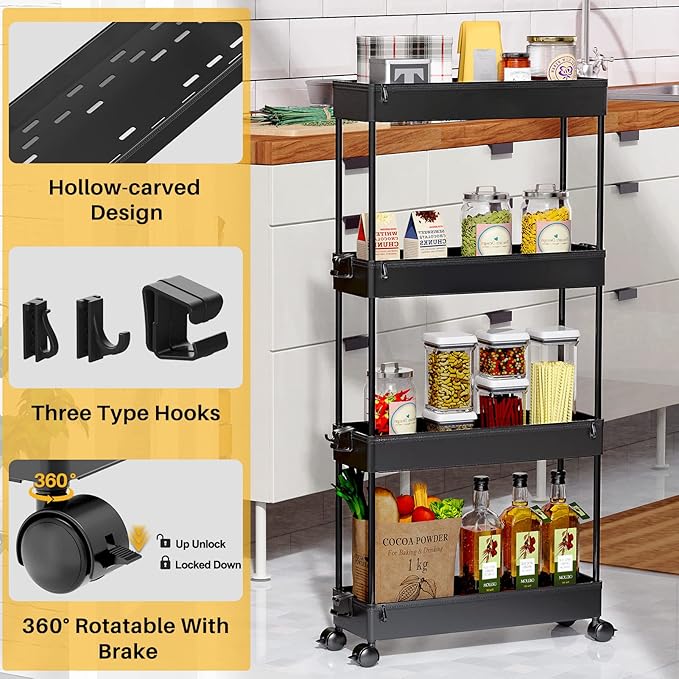 SPACEKEEPER Slim Rolling Storage Cart, 4 Tier Bathroom Cart Organizer,Black - Image 4