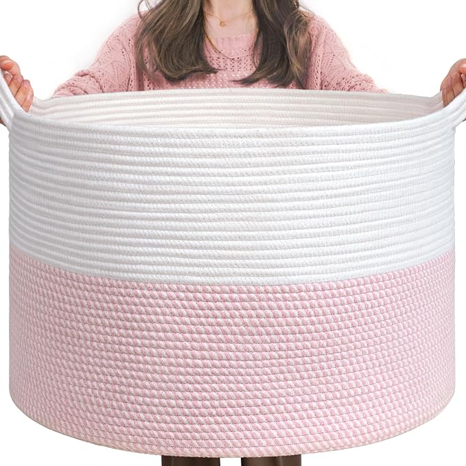 INDRESSME XXXLarge Woven Rope Blanket Basket Living Room Pink, 90L by INDRESSME