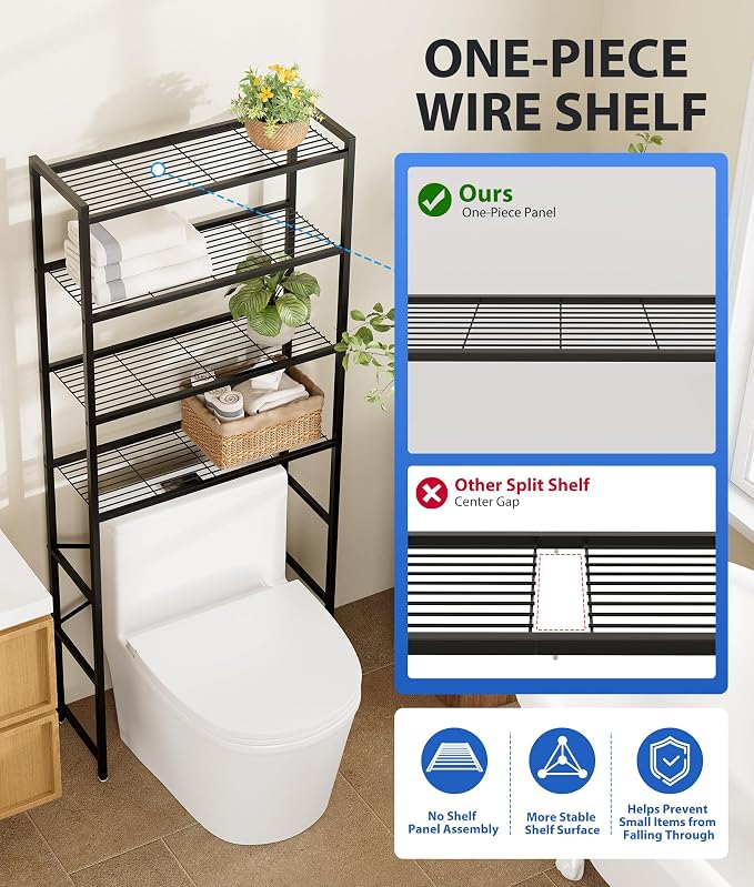4-Tier Over The Toilet Storage Rack, Bathroom Organizer with One-Piece Metal Mesh Shelves, Over Toilet Shelf with Adjustable Feet & Anti-Tip Kit, Space-Saving Bathroom Storage, Black - Image 4