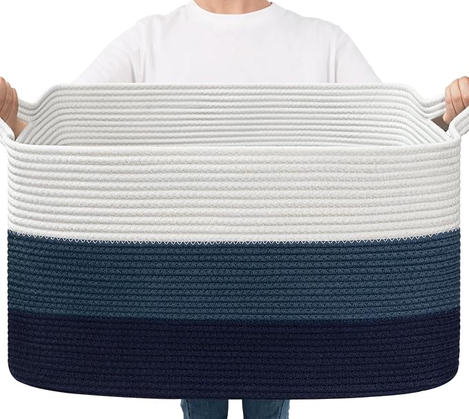 Goodpick Large Woven Rope Blanket Basket, Rectangle, Light Blue by Goodpick