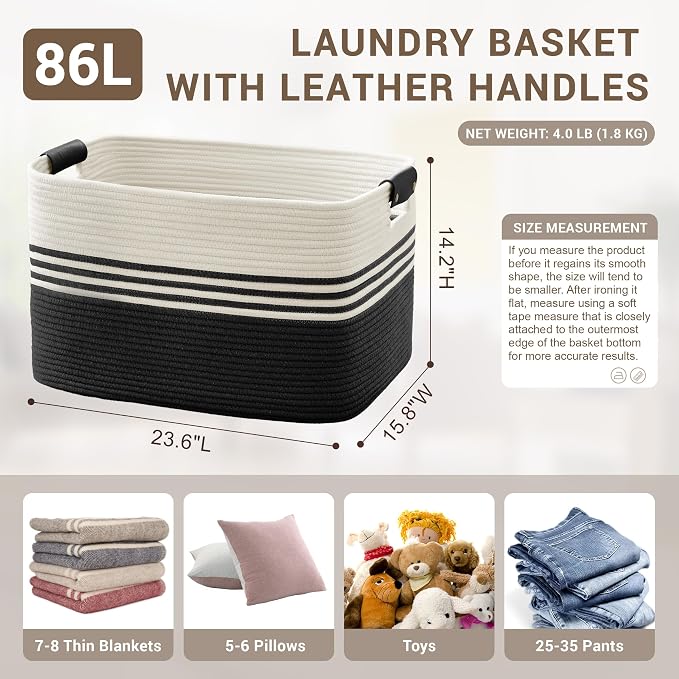 86L Large Woven Laundry Basket Hamper with Leather Handles,Black - Image 2