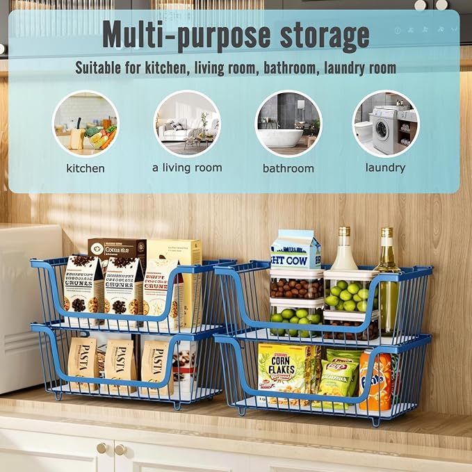 4 Pcs Stackable Wire Baskets for Pantry Organizers and Storage,blue, - Image 5