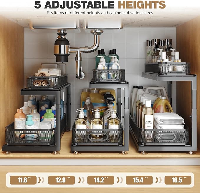 2-Pack 21.3 IN Depth Under Sink Organizer With Next-Gen Ball-Bearing Slides,Sophisticated Mesh 2-Tier Pull Out Shelf for Kitchen & Bathroom,Fits Small Items-Black - Image 9