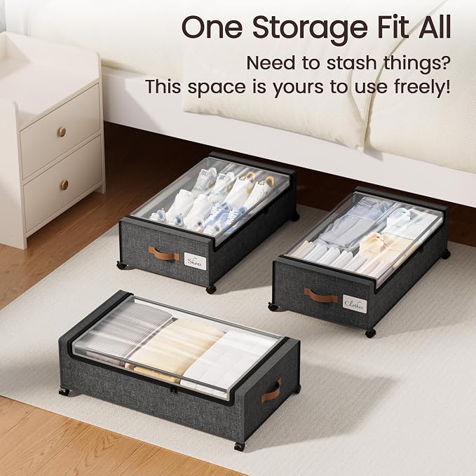Yecaye 82L Under Bed Storage Containers, Fits 9.4" Under Bed, 2 Pack, Grey | XXL Capacity, 360° Rolling Wheels, Sturdy Metal Frame, Clear Window & Label, Storage Bins for Clothes, Blankets, Shoes - Image 7