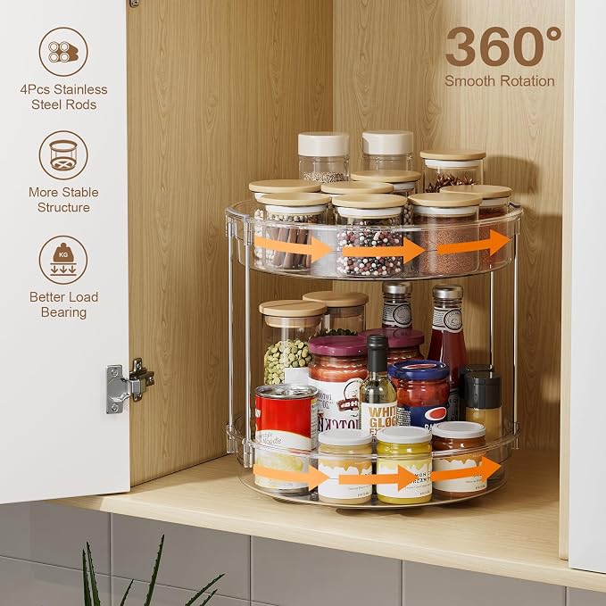 LAMU 2 Pack 2 Tier Lazy Susan Turntable Organizer 12inch Rotating Spice Rack Organization for Cabinet, Kitchen, Pantry, Countertop, Bathroom, Vanity, Medicine Cabinet Organizer, Clear - Image 4
