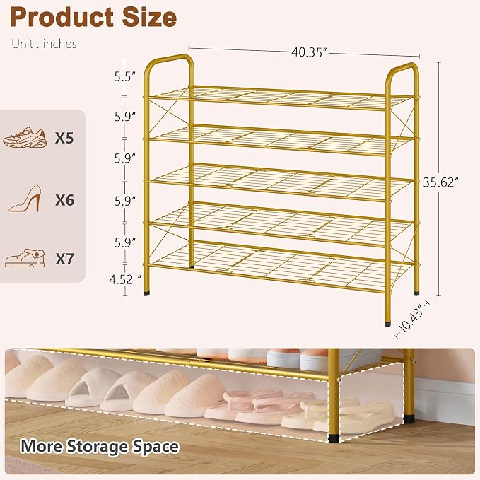 Hoctieon 5 Tier Shoe Rack for Closet, Durable Mesh Style Shoe Rack, Entryway Shoe Shelf, Shoe Storage Organizer for Hallway, Bedroom, Living Room, Wardrobe, Gold - Image 3