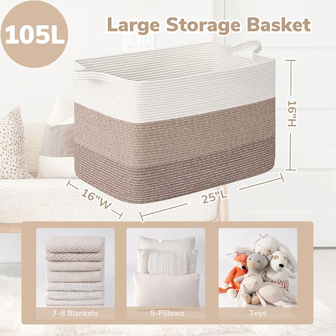 Goodpick 105L Extra Large Woven Rope Blanket Basket, Rectangle, Light Brown - Image 3