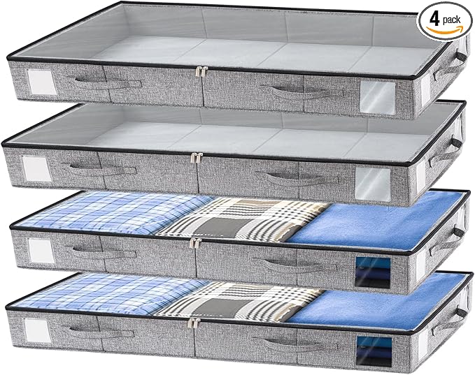 combocube 4 Pack Under Bed Storage Containers, 4.5" Low Profile Underbed Storage Bins with Sturdy Support, Stackable Space Saving Organizer with 4 Handles & Label Windows for Shoes Clothes Blankets by combocube