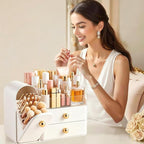 HBlife Makeup Organizer Countertop with Drawers, Vanity Organizers with Brush Holder, Bathroom Counter Organizer for Perfume, Nail Polishes, Lipsticks, Skincare and Eyeshadow Palettes, White and Gold - Image 6
