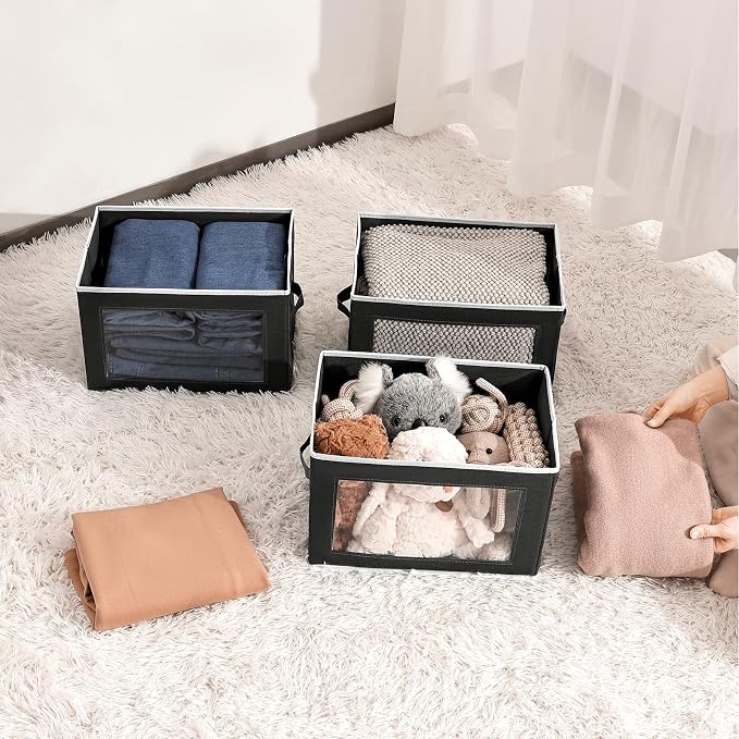 Homsorout Cube Storage Bins with Lids, Clear Window Storage Baskets for Organizing, Fabric Organizer Bins with Handle, Cloth Storage Bins for Shelves, Closet, Clothes, Towels, 4 Packs, Black - Image 4