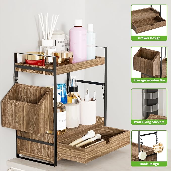 2-Tier Bathroom Counter Organizer, Wooden Vanity Shelf with Drawer & Basket - Image 3