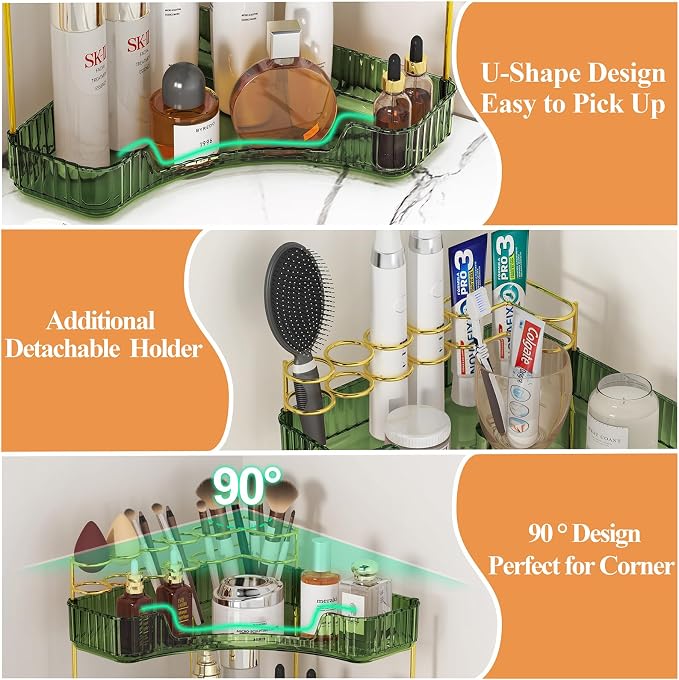 SUNZOS 3-Tier Corner Bathroom Counter Organizer, Bathroom Organizer Countertop with Makeup Brush Holder, Vanity Makeup Cosmetic Storage, Corner Storage Organizers for Dresser - Image 6