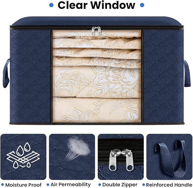 Fab totes 3 Pack Storage Bags for Clothes Blanket Storage Bins with Lids | Foldable Closet Organizers with Zippers,Window and Handles,Fabric Storage Bins for Sweater,Comforter,Bedding,Dorm essentials - Image 4