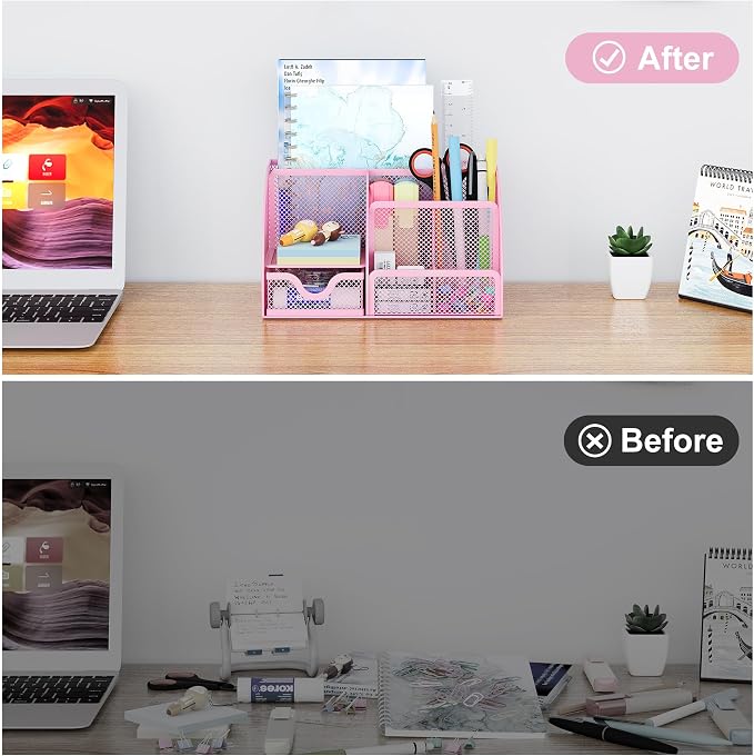 EasyPAG Mesh Desk Organizer with Drawer Multi-functional Pen Holder Stationery Organizer for Office School Supplies 6 Compartments Dorm Organizers and Storage for Desk, Light Pink - Image 4