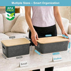 Bagnizer 4 Pack Plastic Storage Bins with Bamboo Lids, 6.2qt Stackable Storage Organizer Box with Lable for Pantry Shelves Drawers Desktop Office, 12"L x 8.3"W x 3.5"H, Gray - Image 9