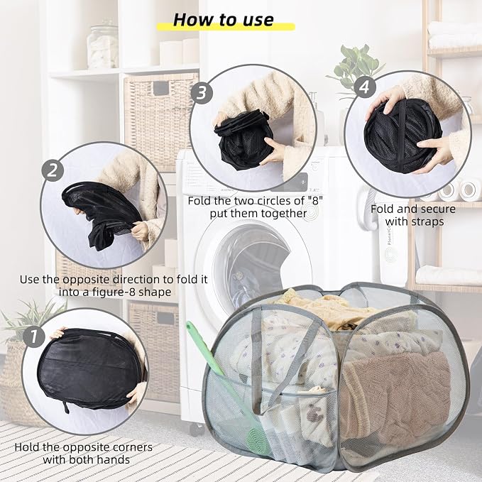 Collapsible Laundry Basket, 90L Mesh Pop-up Hamper with Handles - Image 7