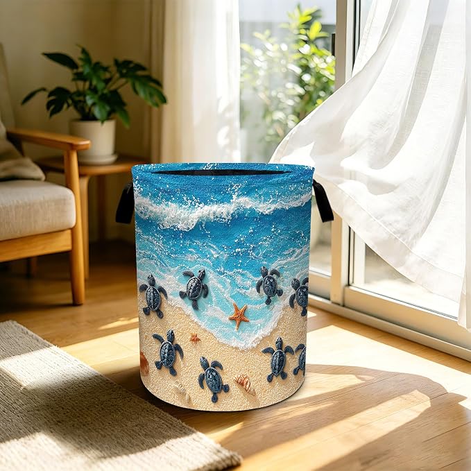 Sea turtles Waves Laundry Basket Foldable Laundry Hamper With Handles Clothes Storage Bucket Organizer Laundry Bag For Bedroom Bathroom Laundry Storage 19.6 x 15.7 - Image 5