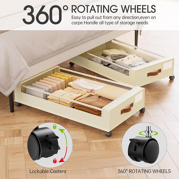 Yecaye 60L Under Bed Storage Containers with Wheels, 2 Pack Under Bed Storage Containers, Underbed Shoe Storage with Clear Window & Label, Rolling Under Bed Metal Drawer for Shoes, Clothes, Beige - Image 3