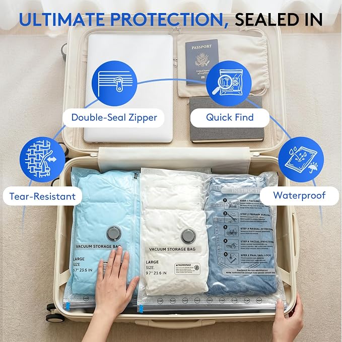 24 Packs Vacuum Bags for Travel with Rechargeable Pump, 3 Sizes Vacuum Seal Bags for Clothing, Compression Vacuum Travel Bags for Luggage, Vacuum Packing Bags for Closet Organization - Image 5