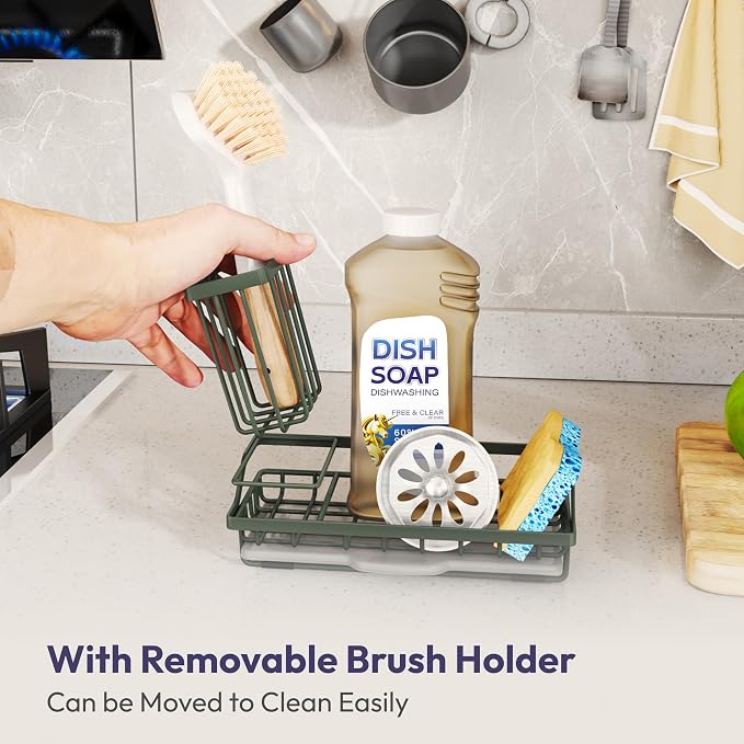 SWTYMIKI Sink Caddy Sponge Holder - Kitchen Sink Organizer with High Brush Holder for Countertop to Hold Dish Soaps and Sponges, Stainless Steel, Green - Image 3