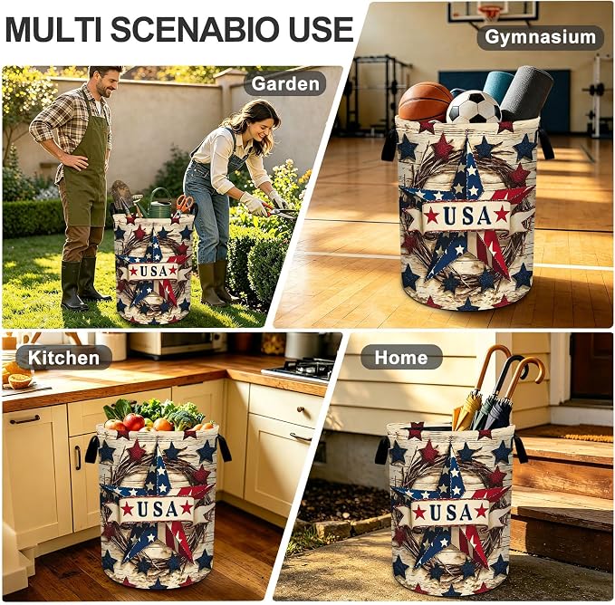 4th of July Wooden Print Star Laundry Basket Foldable Laundry Hamper With Handles Clothes Storage Bucket Organizer Laundry Bag For Bedroom Bathroom Laundry Storage 19.6 x 15.7 - Image 8